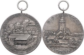 Medaille mit dem Motiv altes Schützenhaus und Stadtkulisse von Nürtingen aus dem 1930ern Jahren